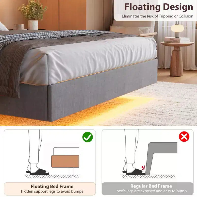 Letto King Size con Struttura Fluttuante con Luci a LED e Stazione di Ricarica USB, Letto a Piattaforma Imbottito con Testiera, Supporto a Doghe in Legno Massiccio, Nessuna Rete a Molle Necessaria
