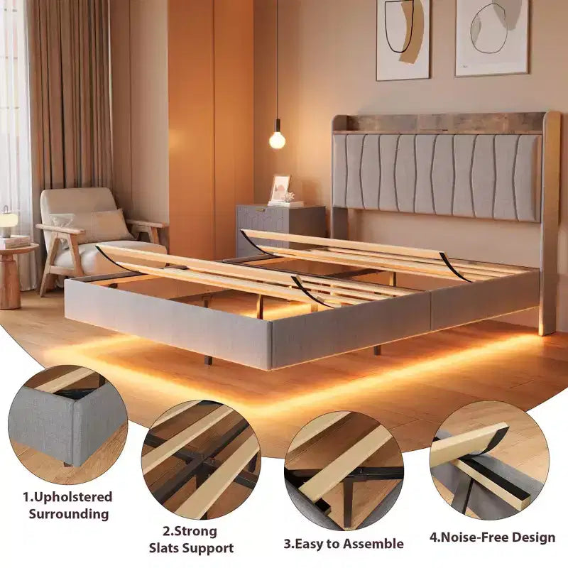 Letto King Size con Struttura Fluttuante con Luci a LED e Stazione di Ricarica USB, Letto a Piattaforma Imbottito con Testiera, Supporto a Doghe in Legno Massiccio, Nessuna Rete a Molle Necessaria