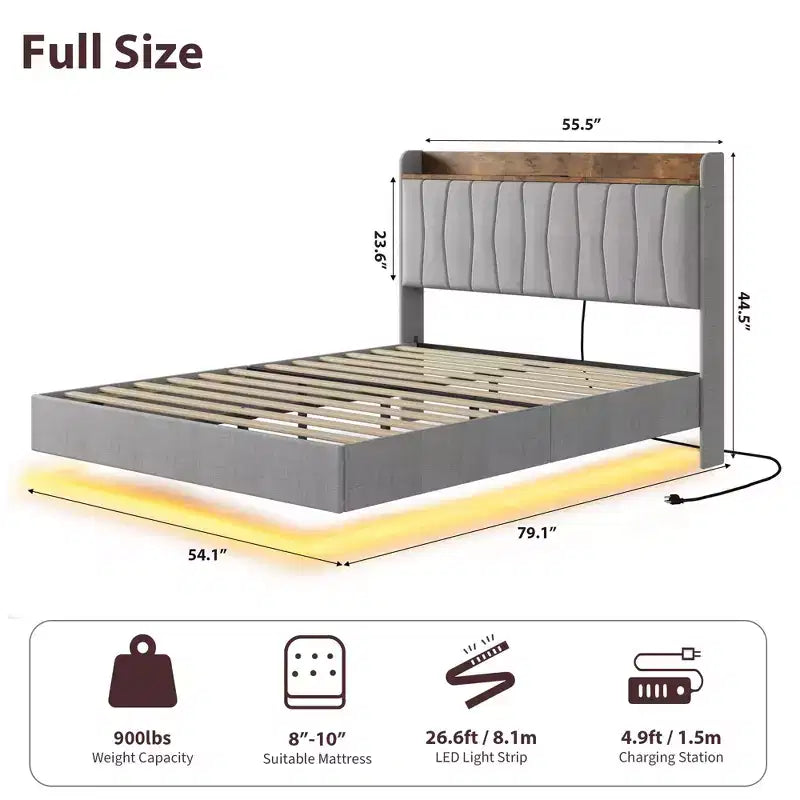 Letto King Size con Struttura Fluttuante con Luci a LED e Stazione di Ricarica USB, Letto a Piattaforma Imbottito con Testiera, Supporto a Doghe in Legno Massiccio, Nessuna Rete a Molle Necessaria