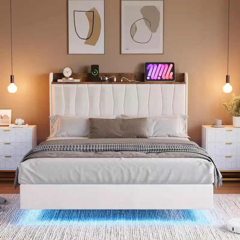 Letto King Size con Struttura Fluttuante con Luci a LED e Stazione di Ricarica USB, Letto a Piattaforma Imbottito con Testiera, Supporto a Doghe in Legno Massiccio, Nessuna Rete a Molle Necessaria