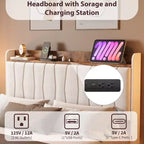 Letto King Size con Struttura Fluttuante con Luci a LED e Stazione di Ricarica USB, Letto a Piattaforma Imbottito con Testiera, Supporto a Doghe in Legno Massiccio, Nessuna Rete a Molle Necessaria