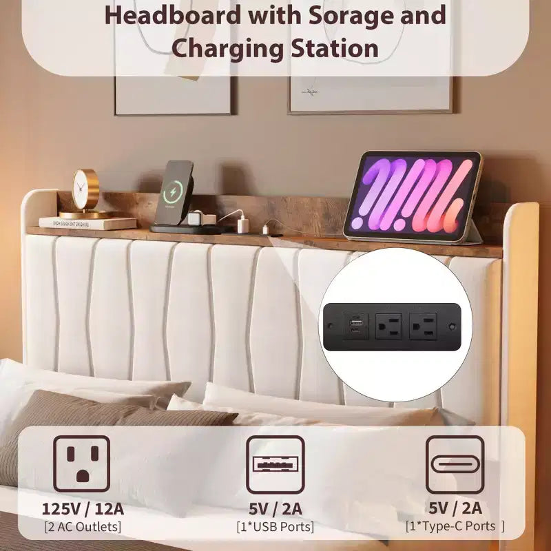 Letto King Size con Struttura Fluttuante con Luci a LED e Stazione di Ricarica USB, Letto a Piattaforma Imbottito con Testiera, Supporto a Doghe in Legno Massiccio, Nessuna Rete a Molle Necessaria