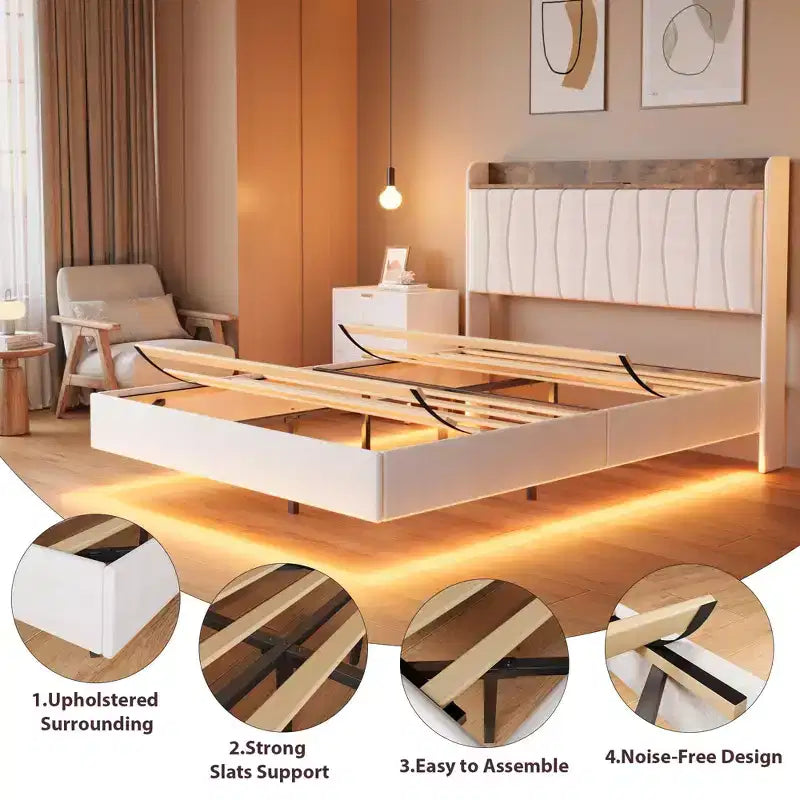 Letto King Size con Struttura Fluttuante con Luci a LED e Stazione di Ricarica USB, Letto a Piattaforma Imbottito con Testiera, Supporto a Doghe in Legno Massiccio, Nessuna Rete a Molle Necessaria