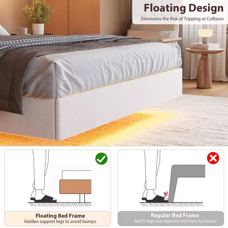 Letto King Size con Struttura Fluttuante con Luci a LED e Stazione di Ricarica USB, Letto a Piattaforma Imbottito con Testiera, Supporto a Doghe in Legno Massiccio, Nessuna Rete a Molle Necessaria