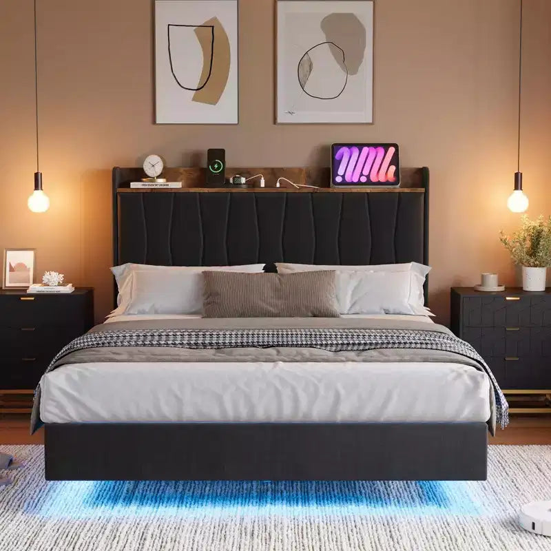 Letto King Size con Struttura Fluttuante con Luci a LED e Stazione di Ricarica USB, Letto a Piattaforma Imbottito con Testiera, Supporto a Doghe in Legno Massiccio, Nessuna Rete a Molle Necessaria