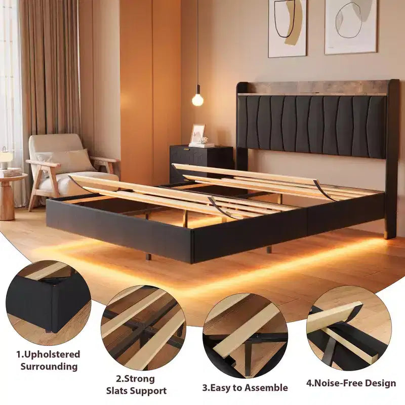Letto King Size con Struttura Fluttuante con Luci a LED e Stazione di Ricarica USB, Letto a Piattaforma Imbottito con Testiera, Supporto a Doghe in Legno Massiccio, Nessuna Rete a Molle Necessaria