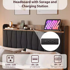 Letto King Size con Struttura Fluttuante con Luci a LED e Stazione di Ricarica USB, Letto a Piattaforma Imbottito con Testiera, Supporto a Doghe in Legno Massiccio, Nessuna Rete a Molle Necessaria