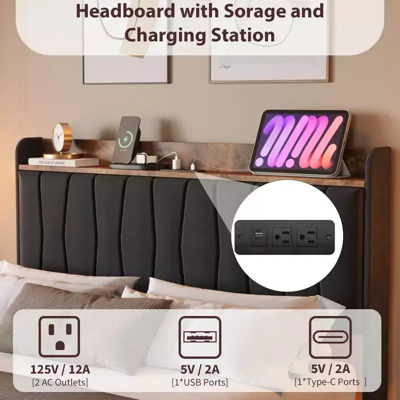 Letto King Size con Struttura Fluttuante con Luci a LED e Stazione di Ricarica USB, Letto a Piattaforma Imbottito con Testiera, Supporto a Doghe in Legno Massiccio, Nessuna Rete a Molle Necessaria