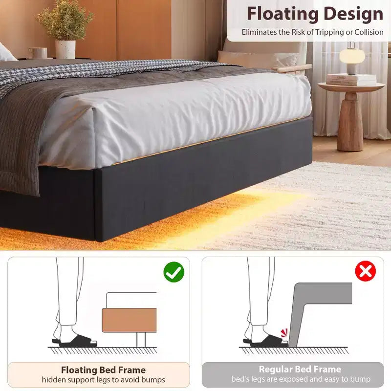 Letto King Size con Struttura Fluttuante con Luci a LED e Stazione di Ricarica USB, Letto a Piattaforma Imbottito con Testiera, Supporto a Doghe in Legno Massiccio, Nessuna Rete a Molle Necessaria