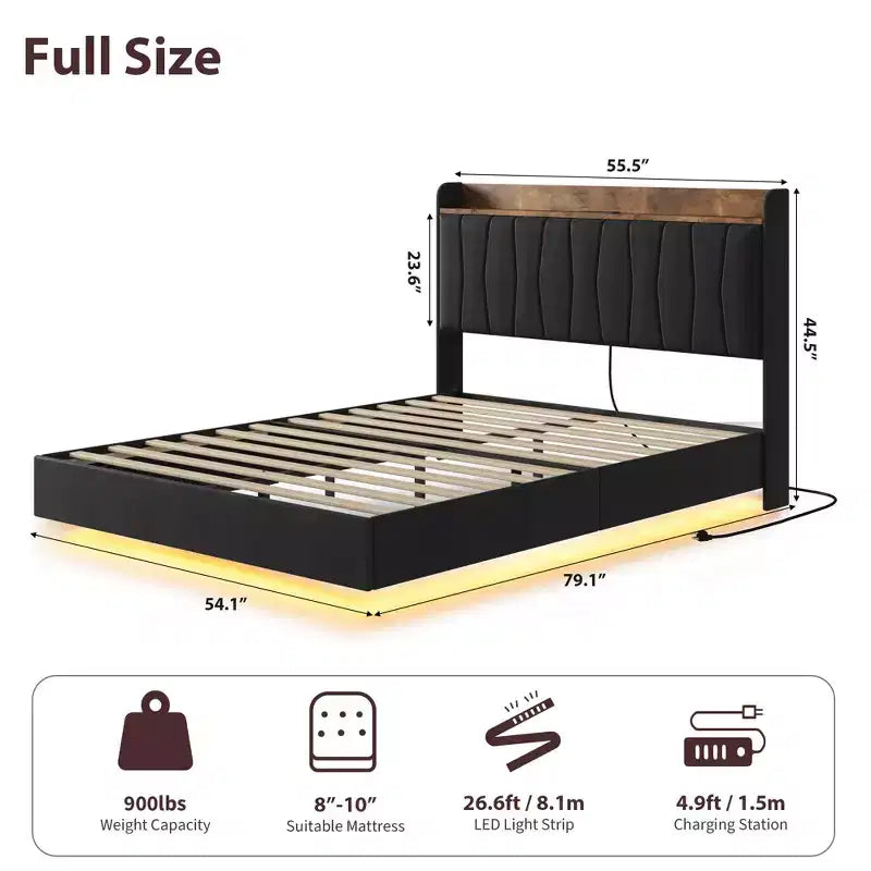 Letto King Size con Struttura Fluttuante con Luci a LED e Stazione di Ricarica USB, Letto a Piattaforma Imbottito con Testiera, Supporto a Doghe in Legno Massiccio, Nessuna Rete a Molle Necessaria