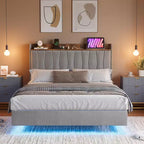 Letto King Size con Struttura Fluttuante con Luci a LED e Stazione di Ricarica USB, Letto a Piattaforma Imbottito con Testiera, Supporto a Doghe in Legno Massiccio, Nessuna Rete a Molle Necessaria