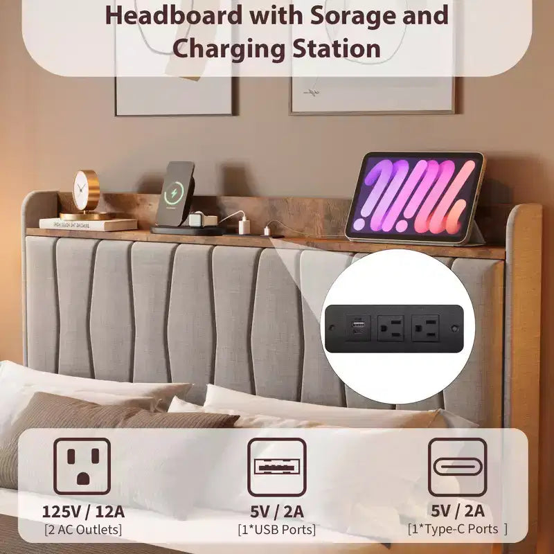 Letto King Size con Struttura Fluttuante con Luci a LED e Stazione di Ricarica USB, Letto a Piattaforma Imbottito con Testiera, Supporto a Doghe in Legno Massiccio, Nessuna Rete a Molle Necessaria