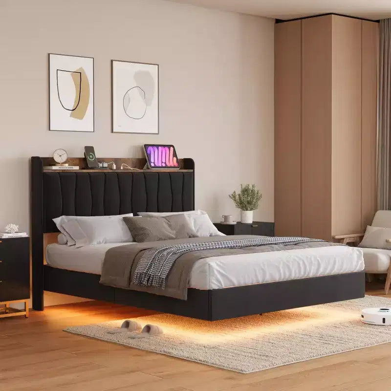 Floating Bed Frame King with LED Lights & USB Charging Station Upholstered Platform Bed with Headboard, Solid Wood Slats Support, No Box Spring