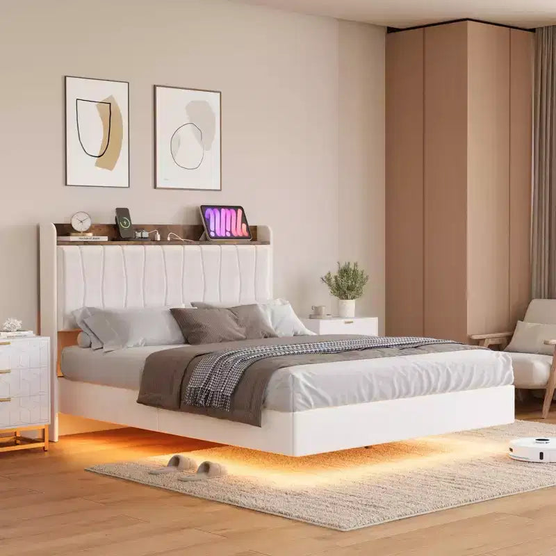 Letto King Size con Struttura Fluttuante con Luci a LED e Stazione di Ricarica USB, Letto a Piattaforma Imbottito con Testiera, Supporto a Doghe in Legno Massiccio, Nessuna Rete a Molle Necessaria