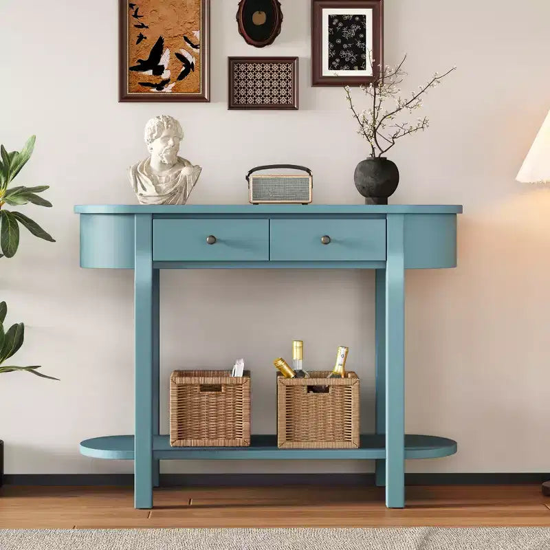 MAYEERTY Retro Console Table with Curved Design and Smooth Glaze for Entryways Living Room Hallways Turquoise Green