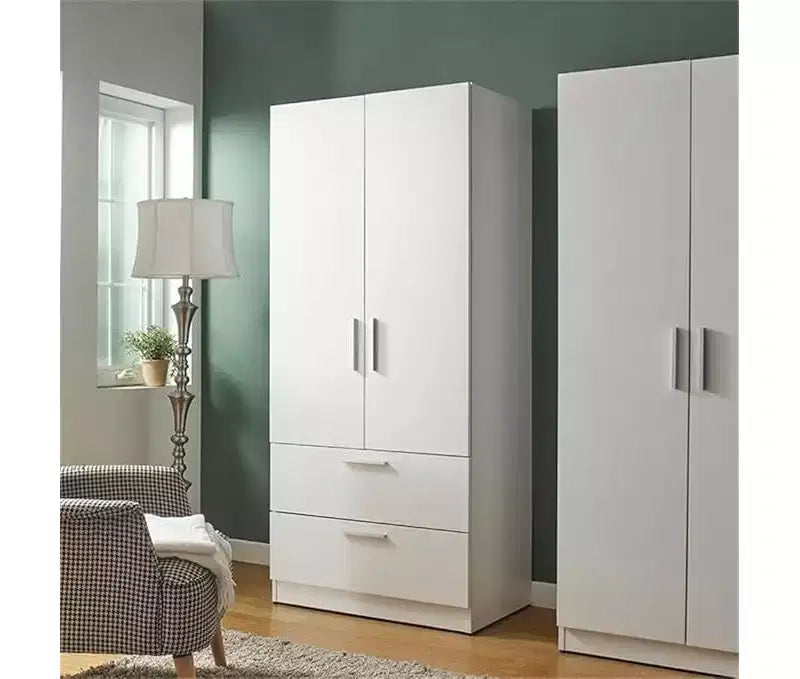 Armadio in legno a due ante con due cassetti e aste appendiabiti, di colore bianco