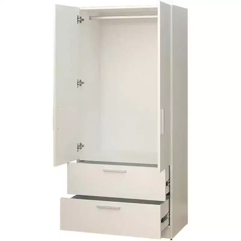 Armadio in legno a due ante con due cassetti e aste appendiabiti, di colore bianco