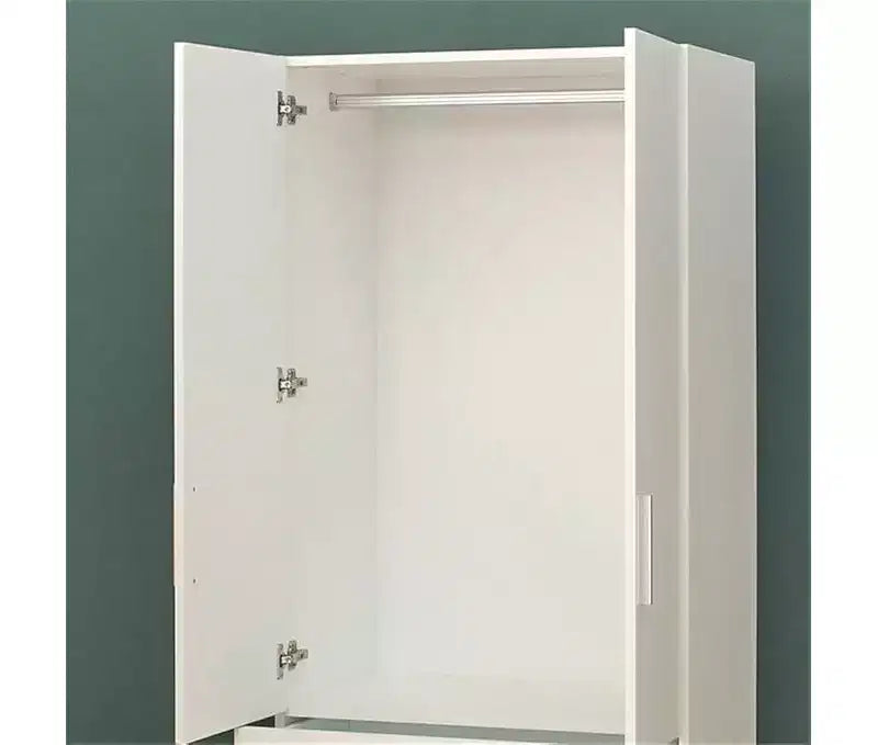 Armadio in legno a due ante con due cassetti e aste appendiabiti, di colore bianco