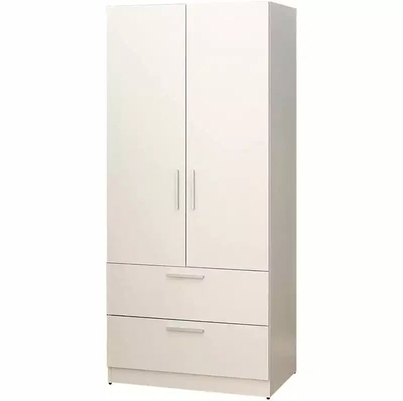 Armadio in legno a due ante con due cassetti e aste appendiabiti, di colore bianco