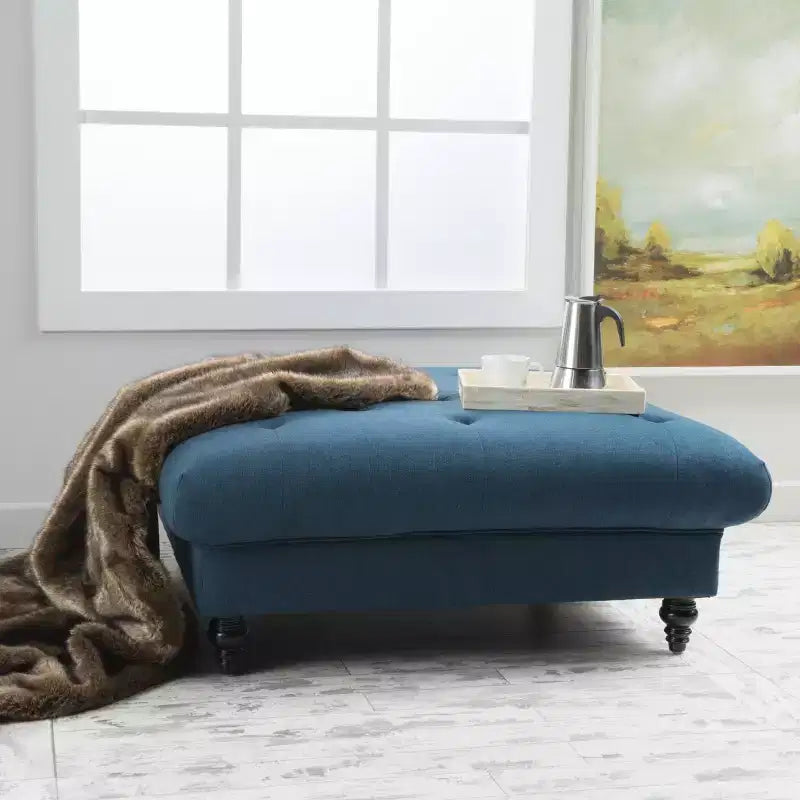 GDFStudio Piper Contemporary Button-Tufted Square Ottoman with Diamond Stitch and Birch Legs