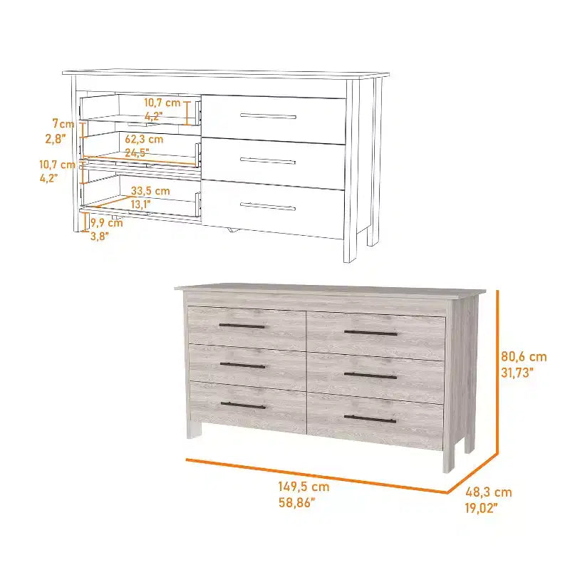 Cassettiera moderna rettangolare Okak per camera da letto con 6 cassetti e maniglie in metallo nero, armadio contenitore spazioso per soggiorno, corridoio, ingresso
