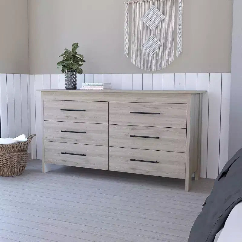 Cassettiera moderna rettangolare Okak per camera da letto con 6 cassetti e maniglie in metallo nero, armadio contenitore spazioso per soggiorno, corridoio, ingresso