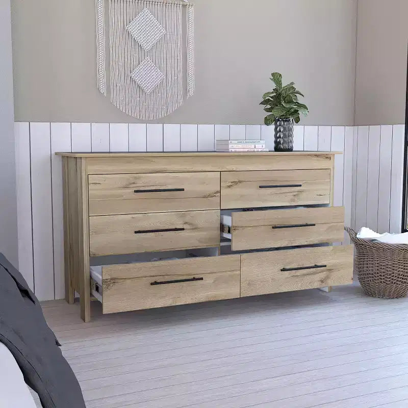 Cassettiera moderna rettangolare Okak per camera da letto con 6 cassetti e maniglie in metallo nero, armadio contenitore spazioso per soggiorno, corridoio, ingresso