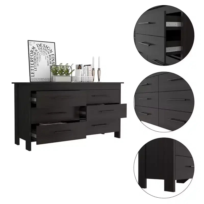 Cassettiera moderna rettangolare Okak per camera da letto con 6 cassetti e maniglie in metallo nero, armadio contenitore spazioso per soggiorno, corridoio, ingresso