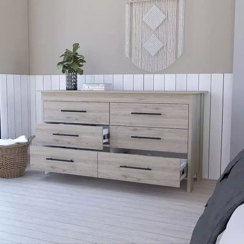 Cassettiera moderna rettangolare Okak per camera da letto con 6 cassetti e maniglie in metallo nero, armadio contenitore spazioso per soggiorno, corridoio, ingresso