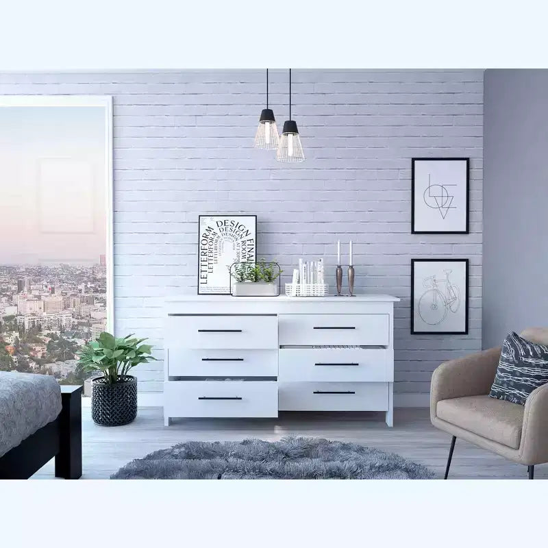Okak Modern Rectangle Bedroom Dresser with 6-Drawers & Black Metal Pulls, Ample Storage Chest Cabinet for Living Room Hallway Entryway