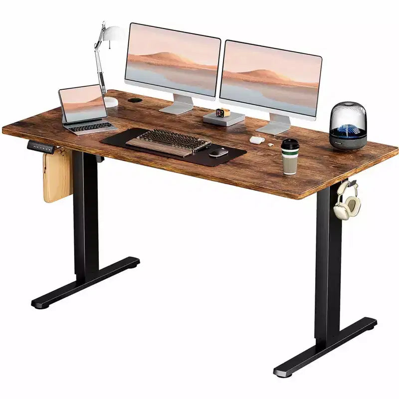 Ergonomic Height Adjustable Electric Standing Desk with T-Shaped Metal Frame and Memory Presets Modern Computer Workstation55.10x23.60x 46.60-Brown