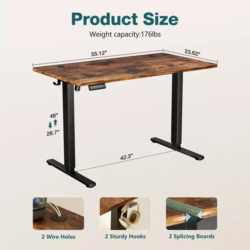 Scrivania elettrica ergonomica regolabile in altezza con telaio in metallo a T e preset di memoria Postazione di lavoro moderna per computer 55.10x23.60x 46.60-Marrone