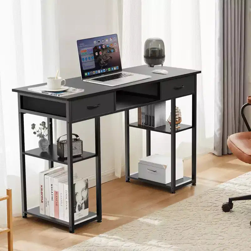 Scrivania per Computer con Ripiani, Piccolo Tavolo da Studio/Ufficio per PC con Borsa Laterale in Tessuto e Gancio per Cuffie, Struttura in Metallo (47.24 x 15.75 x 30.59)