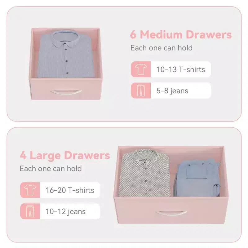 Comodino con Struttura in Acciaio e Piano in Legno, Cassettiera a 10 Cassetti in Tessuto per Camera da Letto, Camera dei Bambini e Armadio