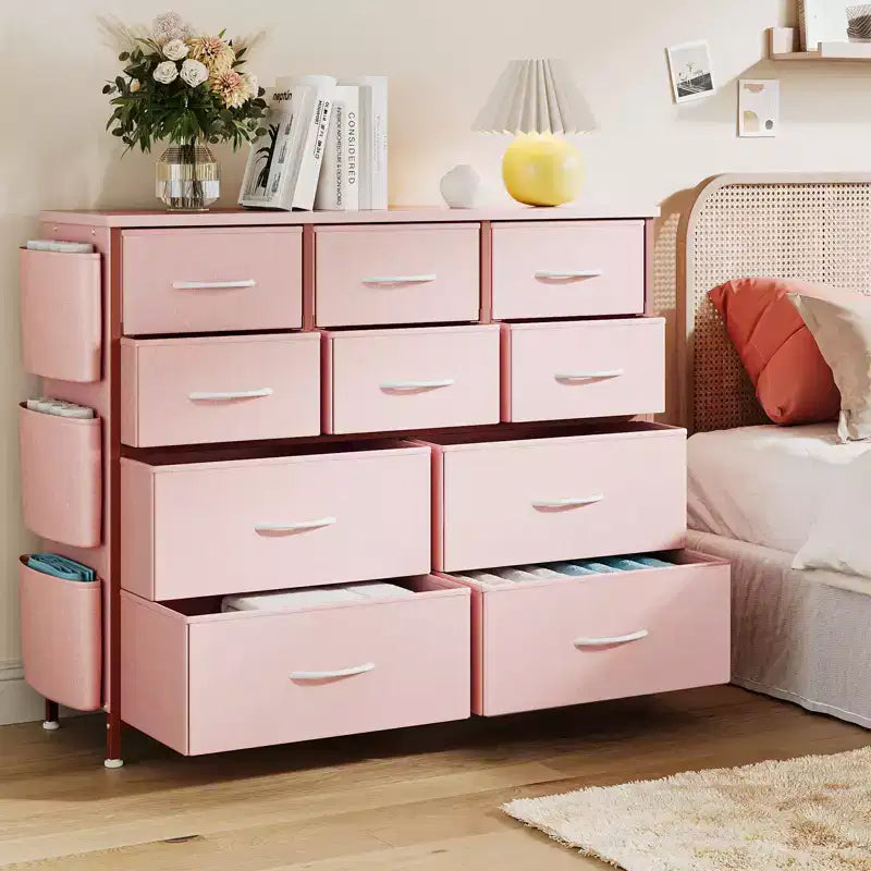 Comodino con Struttura in Acciaio e Piano in Legno, Cassettiera a 10 Cassetti in Tessuto per Camera da Letto, Camera dei Bambini e Armadio