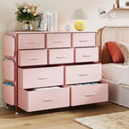 Comodino con Struttura in Acciaio e Piano in Legno, Cassettiera a 10 Cassetti in Tessuto per Camera da Letto, Camera dei Bambini e Armadio