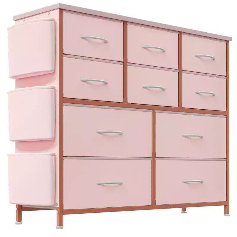 Comodino con Struttura in Acciaio e Piano in Legno, Cassettiera a 10 Cassetti in Tessuto per Camera da Letto, Camera dei Bambini e Armadio