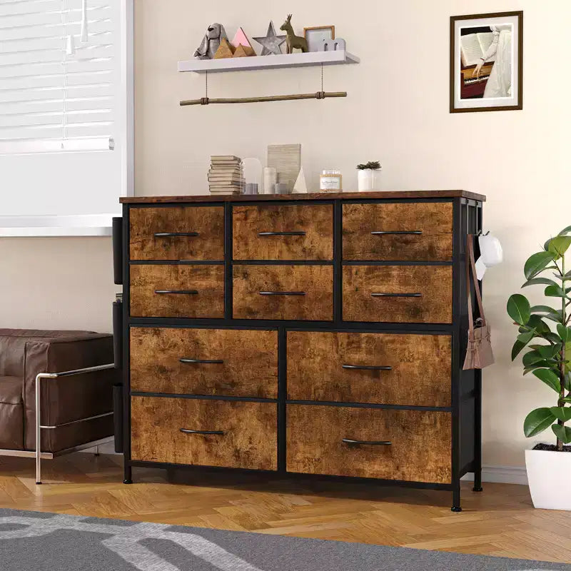 Comodino con Struttura in Acciaio e Piano in Legno, Cassettiera a 10 Cassetti in Tessuto per Camera da Letto, Camera dei Bambini e Armadio