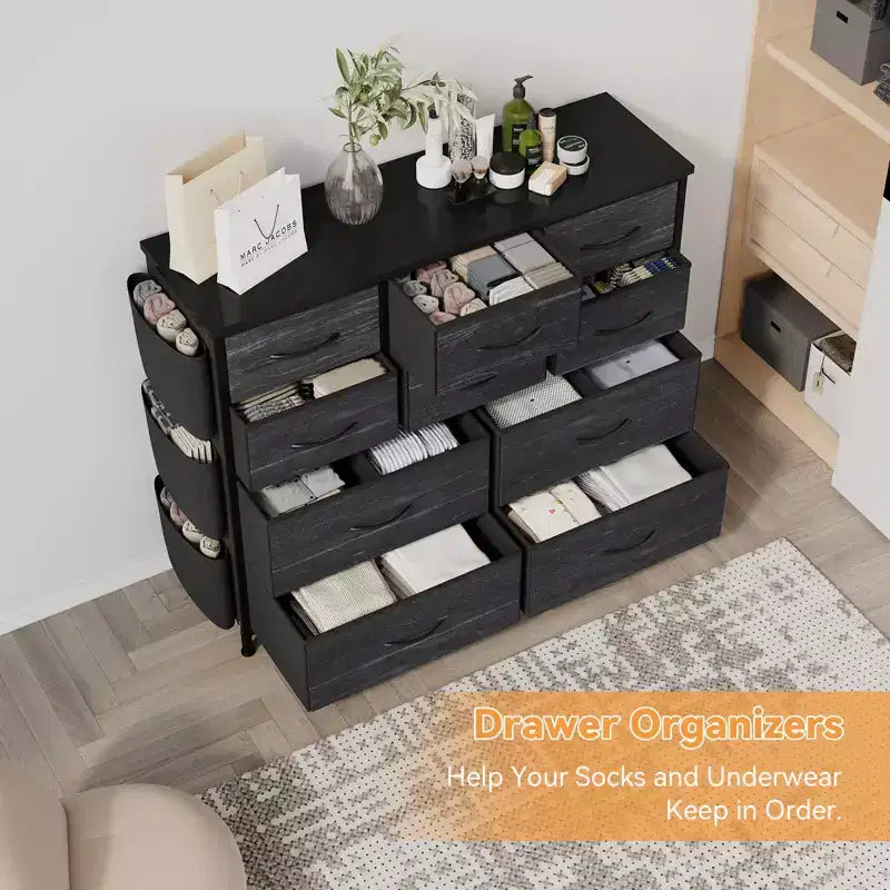 Comodino con Struttura in Acciaio e Piano in Legno, Cassettiera a 10 Cassetti in Tessuto per Camera da Letto, Camera dei Bambini e Armadio