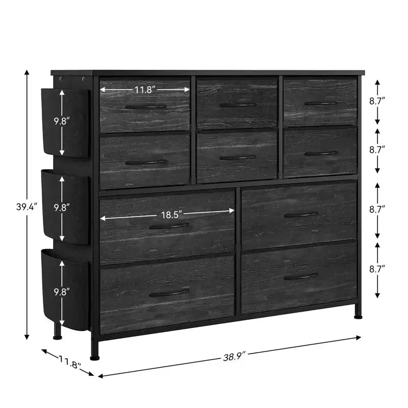 Comodino con Struttura in Acciaio e Piano in Legno, Cassettiera a 10 Cassetti in Tessuto per Camera da Letto, Camera dei Bambini e Armadio