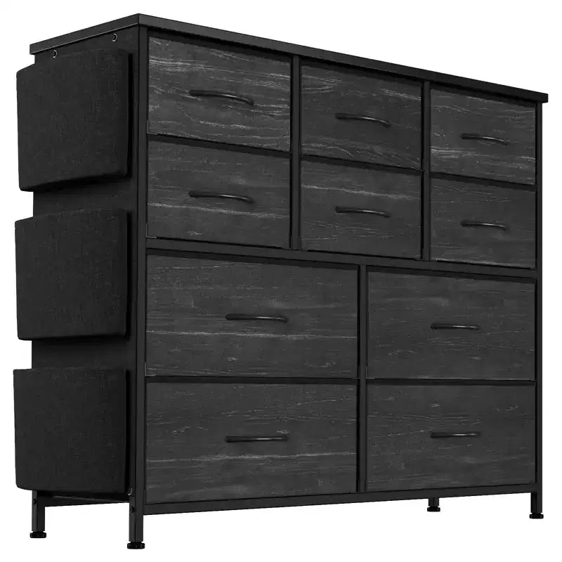 Comodino con Struttura in Acciaio e Piano in Legno, Cassettiera a 10 Cassetti in Tessuto per Camera da Letto, Camera dei Bambini e Armadio