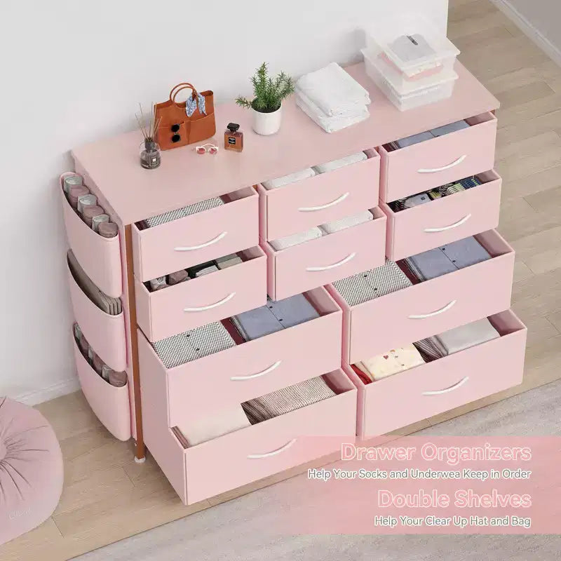 Comodino con Struttura in Acciaio e Piano in Legno, Cassettiera a 10 Cassetti in Tessuto per Camera da Letto, Camera dei Bambini e Armadio
