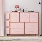Comodino con Struttura in Acciaio e Piano in Legno, Cassettiera a 10 Cassetti in Tessuto per Camera da Letto, Camera dei Bambini e Armadio