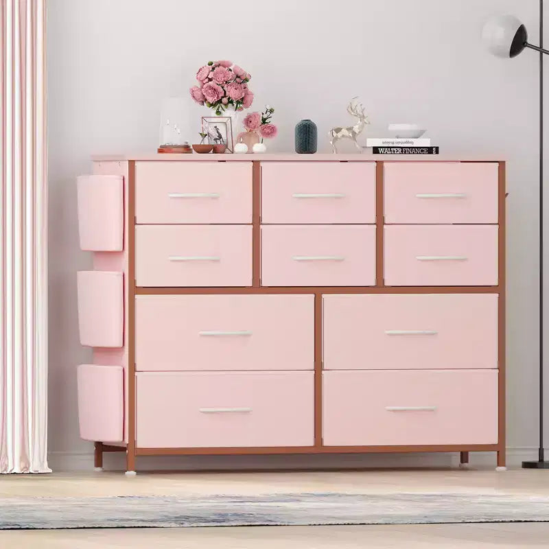 Comodino con Struttura in Acciaio e Piano in Legno, Cassettiera a 10 Cassetti in Tessuto per Camera da Letto, Camera dei Bambini e Armadio