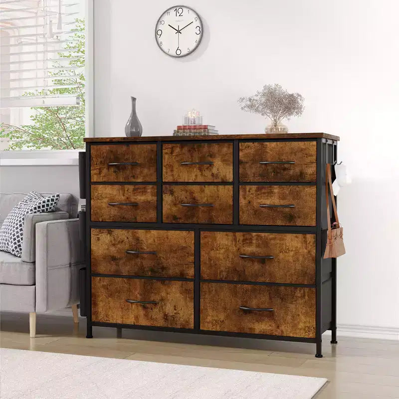 Comodino con Struttura in Acciaio e Piano in Legno, Cassettiera a 10 Cassetti in Tessuto per Camera da Letto, Camera dei Bambini e Armadio