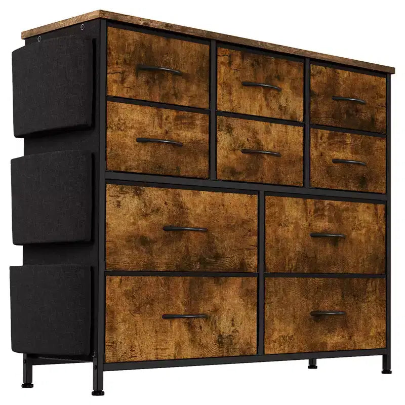 Comodino con Struttura in Acciaio e Piano in Legno, Cassettiera a 10 Cassetti in Tessuto per Camera da Letto, Camera dei Bambini e Armadio