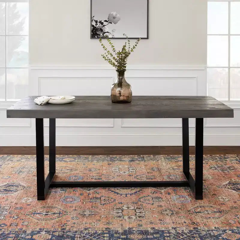 Okak 72/52Inch Rectangle Dining Table with Distressed Solid Wood Top and Metal Open Frame for Dining Room
