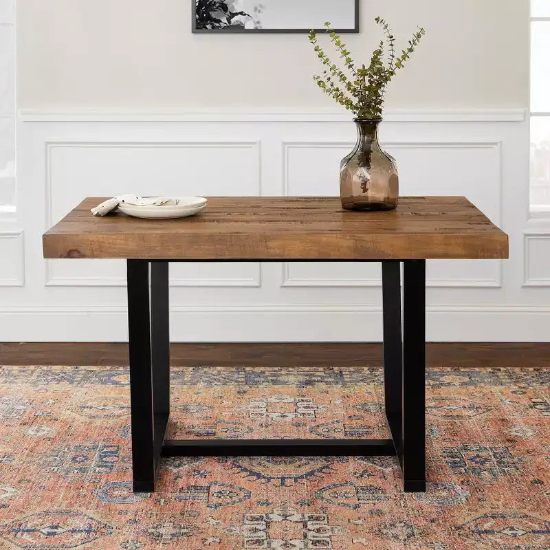 Tavolo da pranzo rettangolare 72/52 pollici con piano in legno massello invecchiato e struttura in metallo a giorno per sala da pranzo