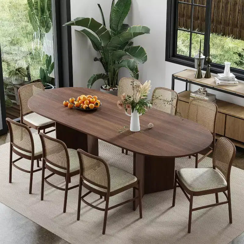 79 Farmhouse Large Oval Brown Dining Table for 6-8 People with V-Shaped Legs for Dining Room and Living Room