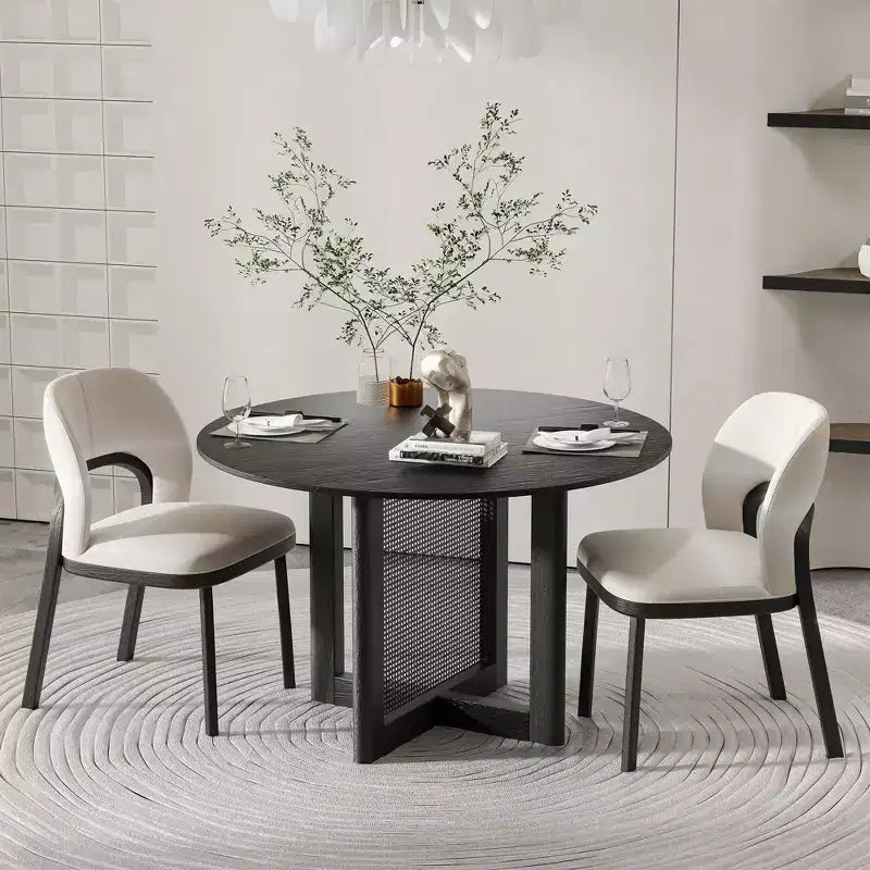 46 inch Round Black Rattan Dining Table for 4-6 People Suitable for Dining Room and Living Room